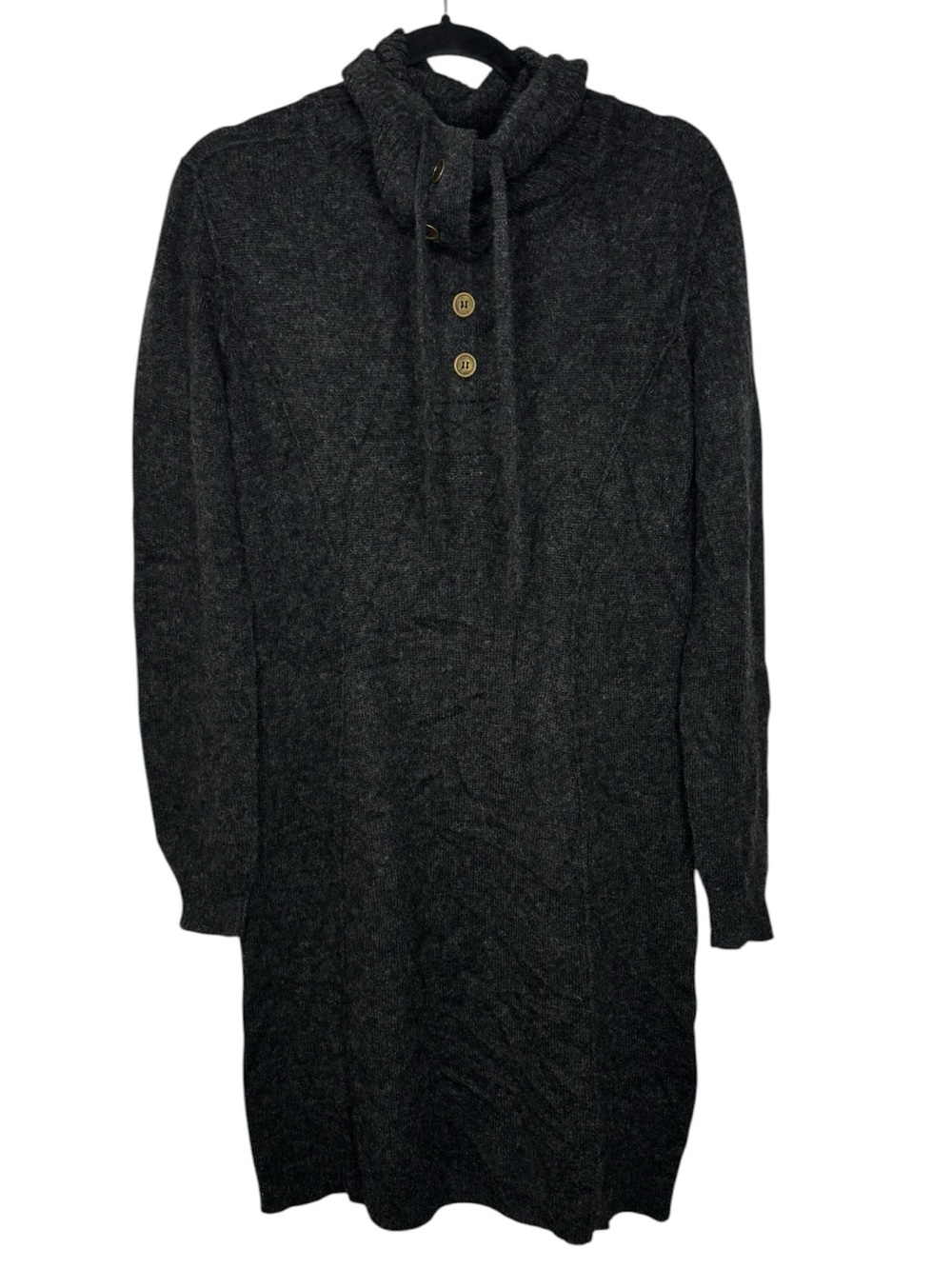 Peruvian Connection Royal Alpaca Button Cowl Neck Sweater Dress Charcoal Black M